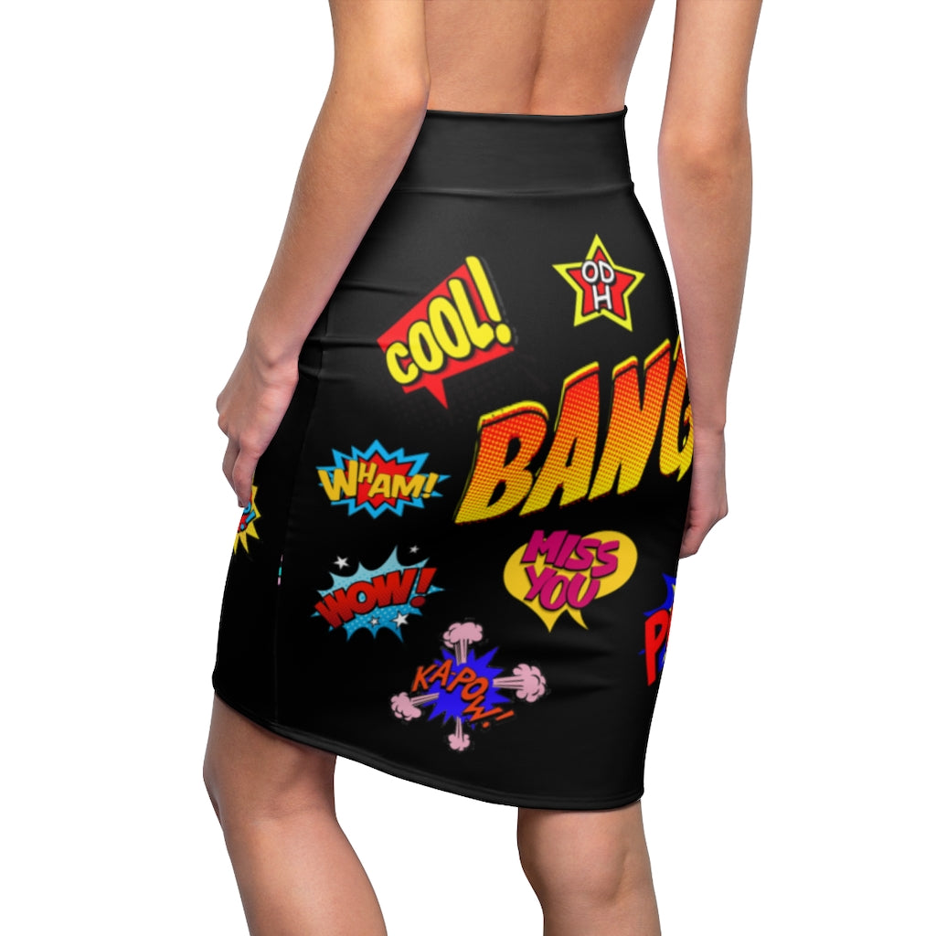 Women's Comic Print Pencil Skirt Black