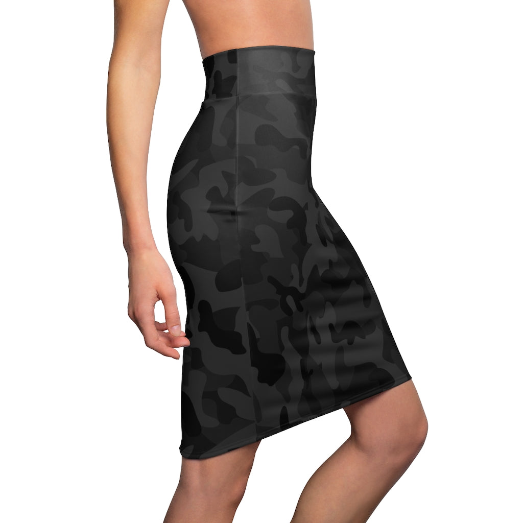 Black Dark Camo Camouflage Women's Pencil Skirt