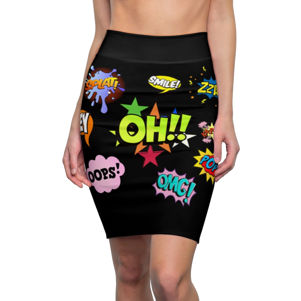 Women's Comic Print Pencil Skirt Black