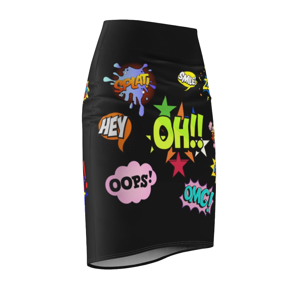 Women's Comic Print Pencil Skirt Black
