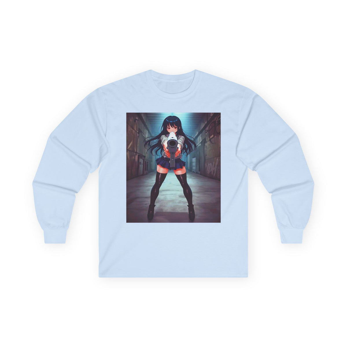 Anime Girl With A Gun Long Sleeve Tee — Dark Alley Cyberpunk Schoolgirl Graphic Shirt