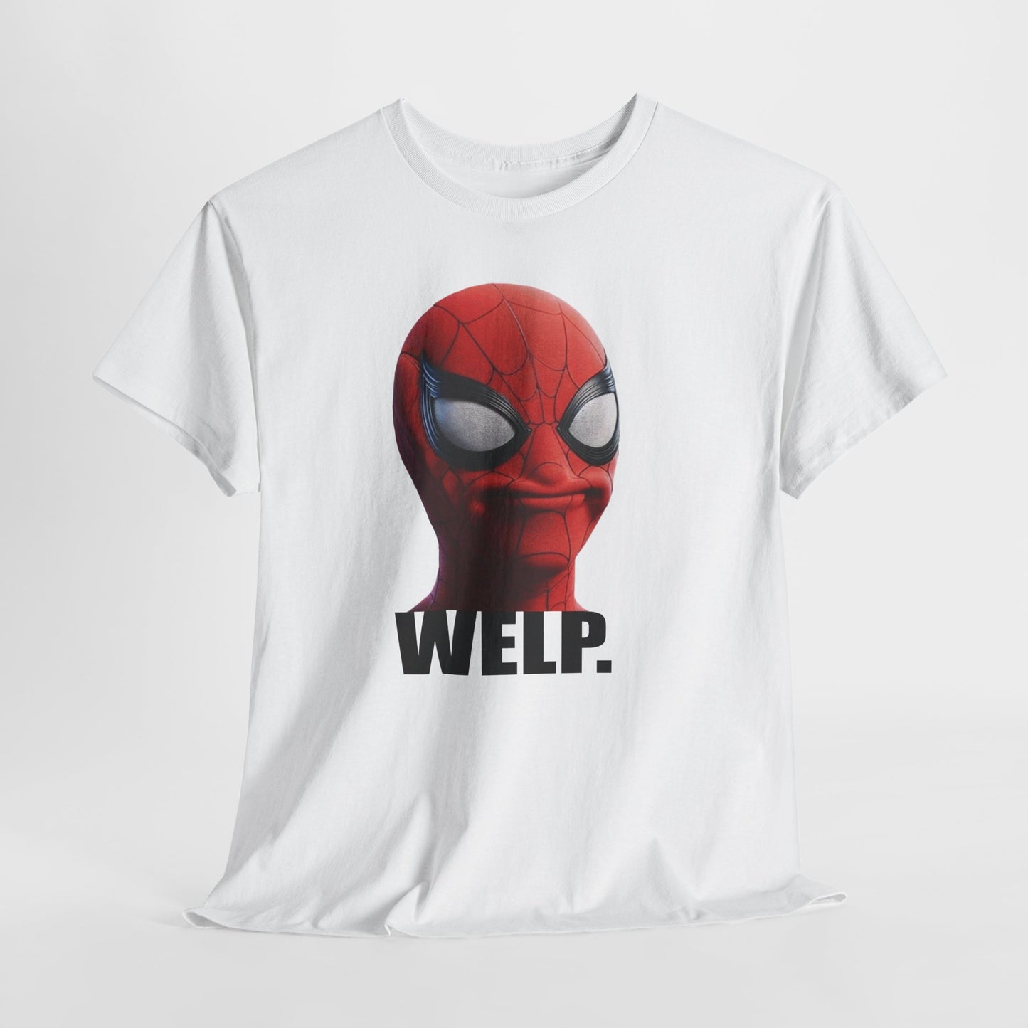White t-shirt with a graphic of a red mask and 'Welp.' text on a white background