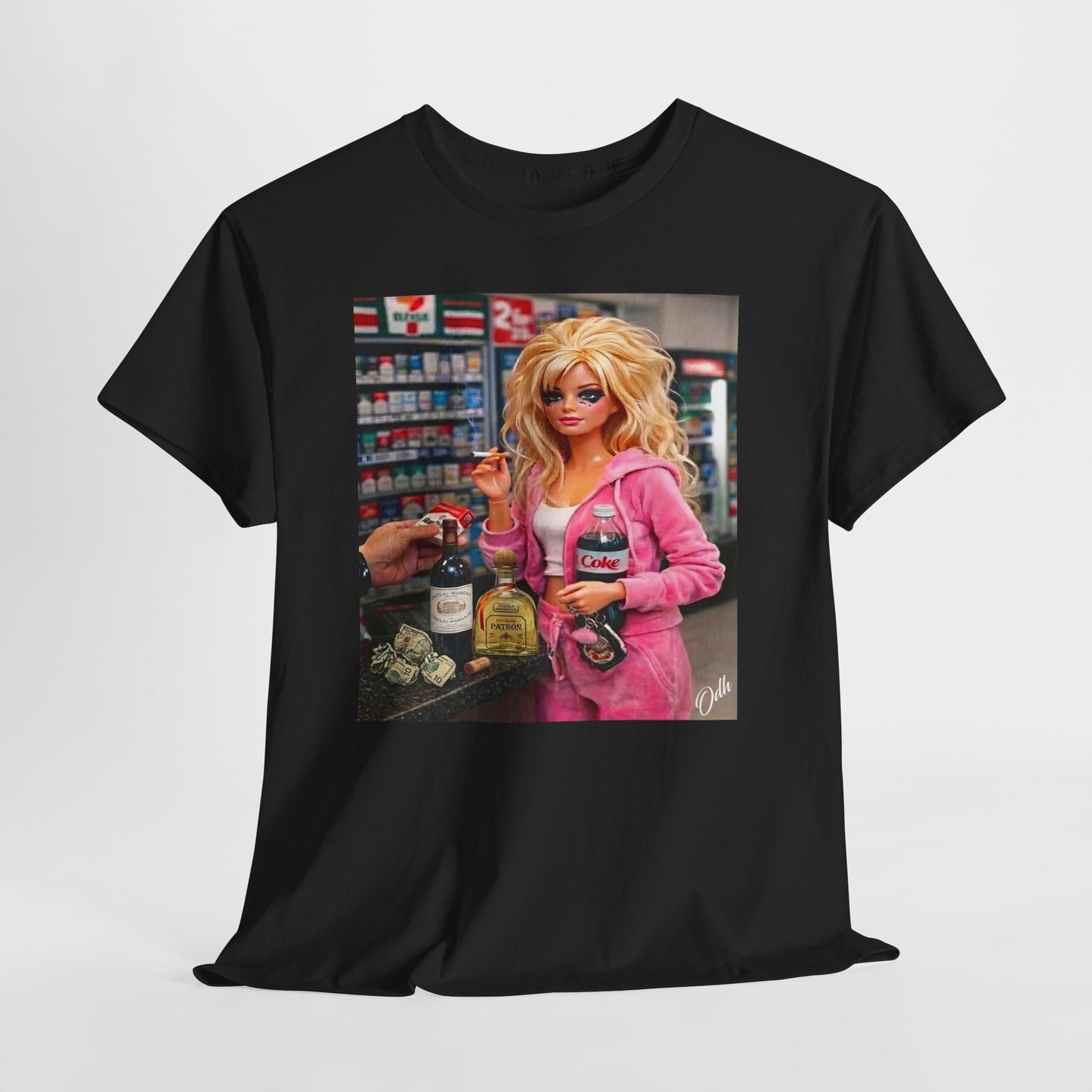 T shirt with a picture of an unhinged stressed out barbie doll, Crazy white trash barbie drinking drunk