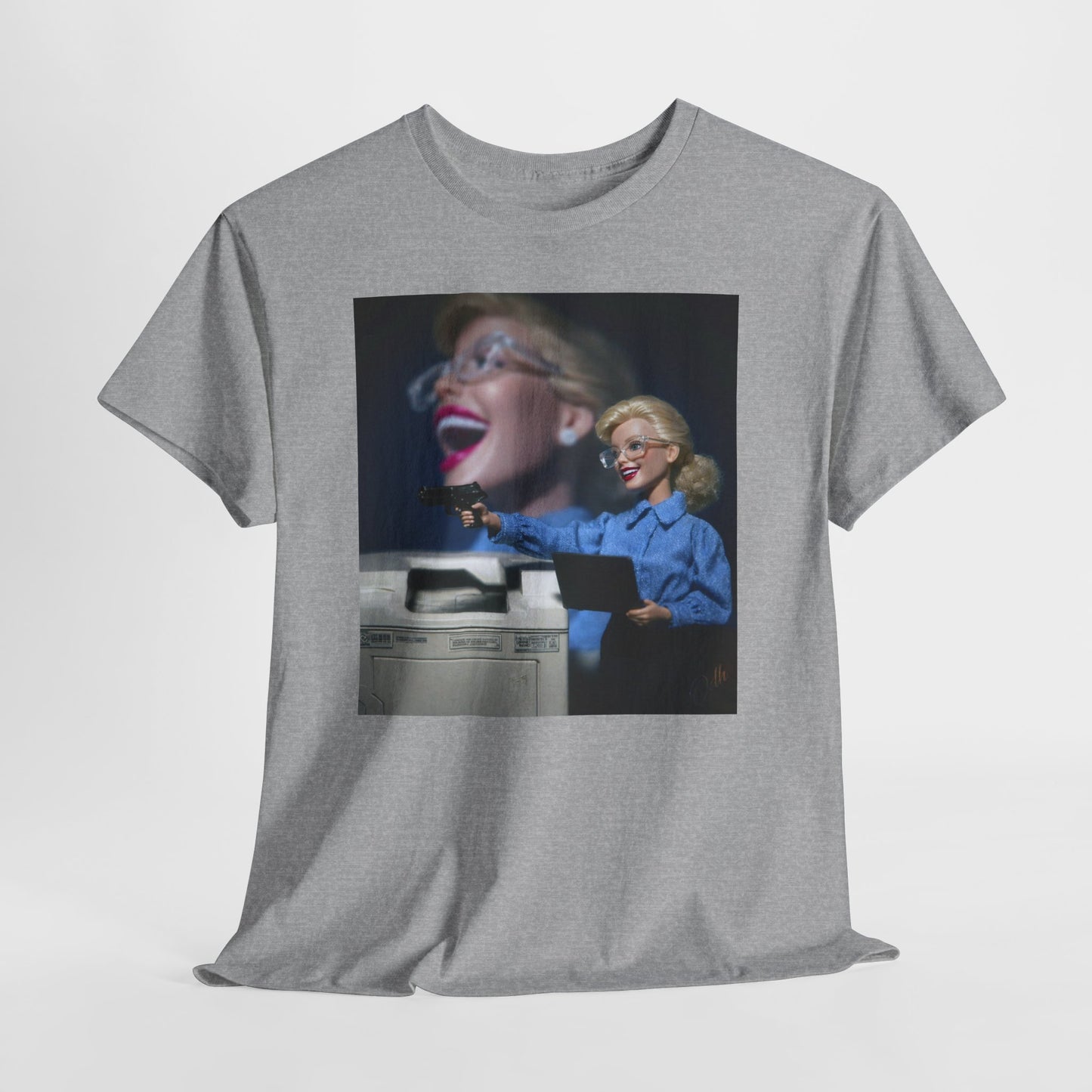 crash out barbie t shirt with white woman with a gun at work