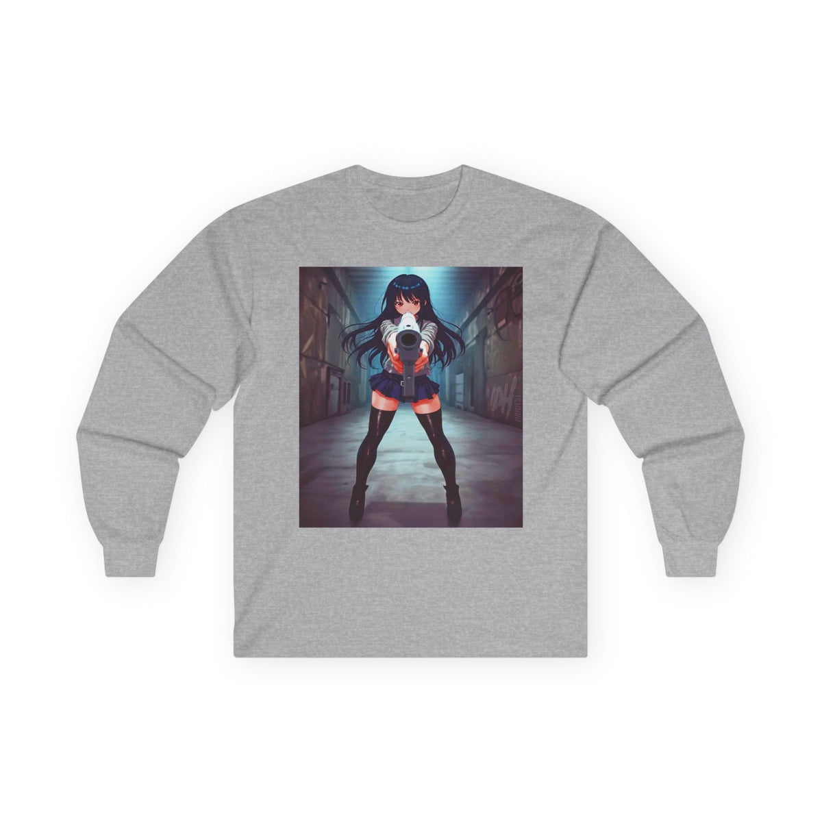 Anime Girl With A Gun Long Sleeve Tee — Dark Alley Cyberpunk Schoolgirl Graphic Shirt
