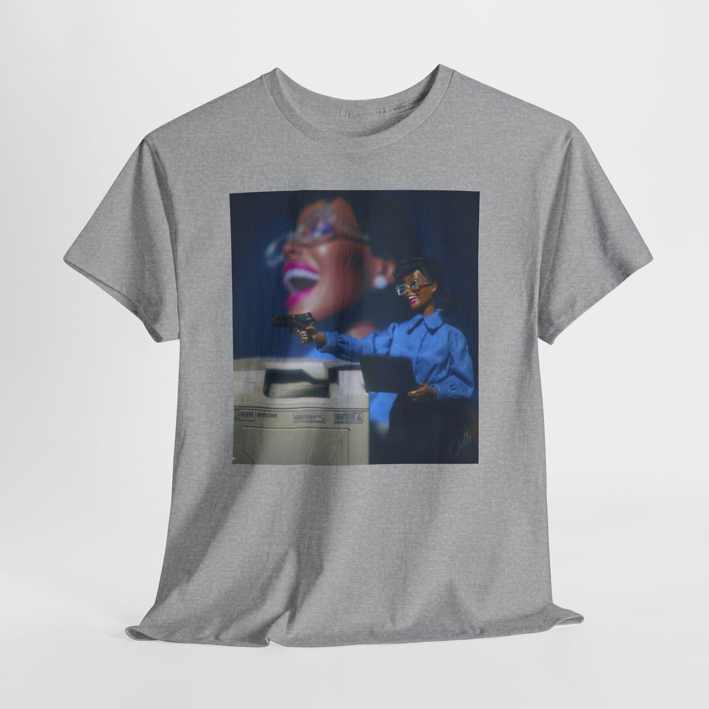 crash out barbie t shirt with black woman with a gun at work