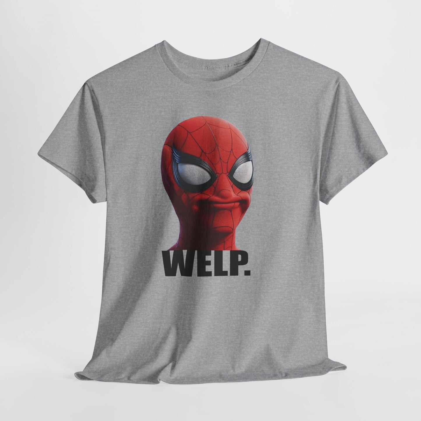 Gray t-shirt with a Spider-Man graphic and 'Welp' text on a white background