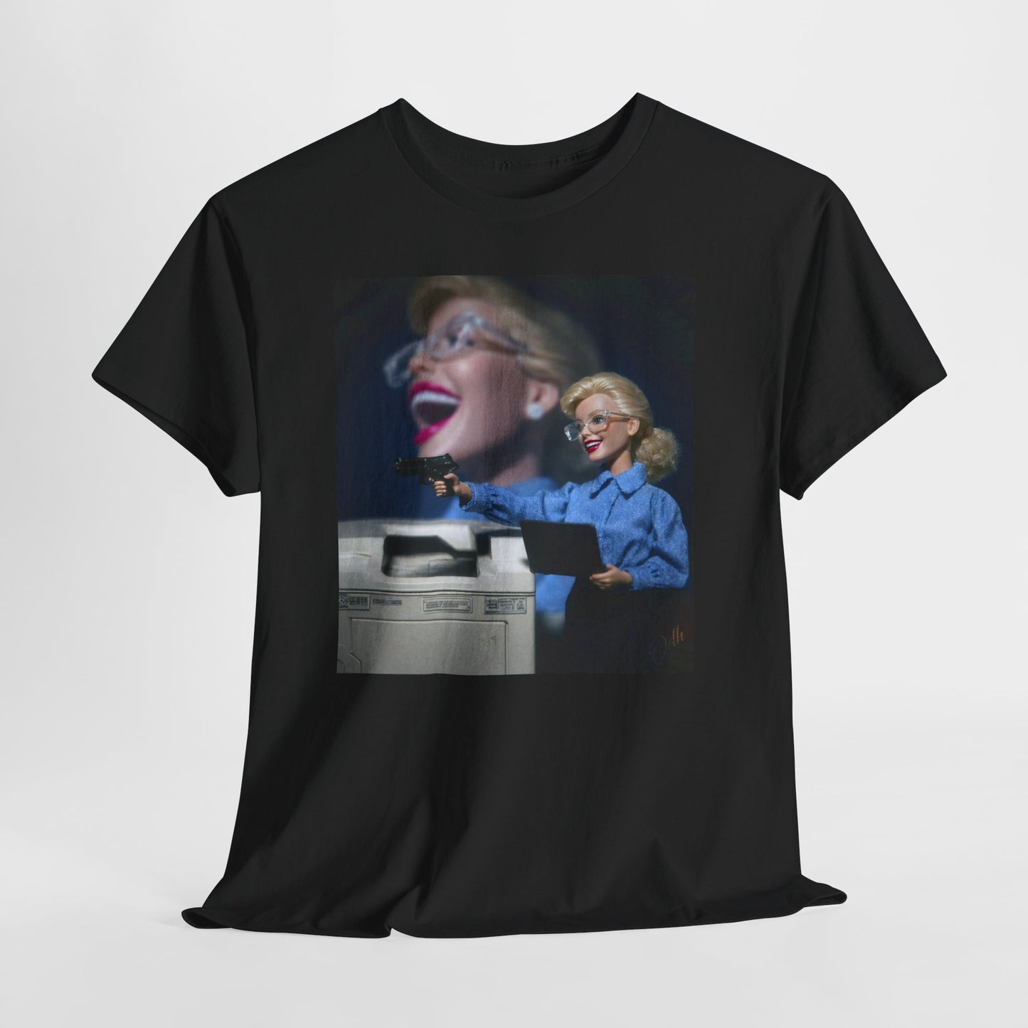 crash out barbie t shirt with white woman with a gun at work. I hate my job