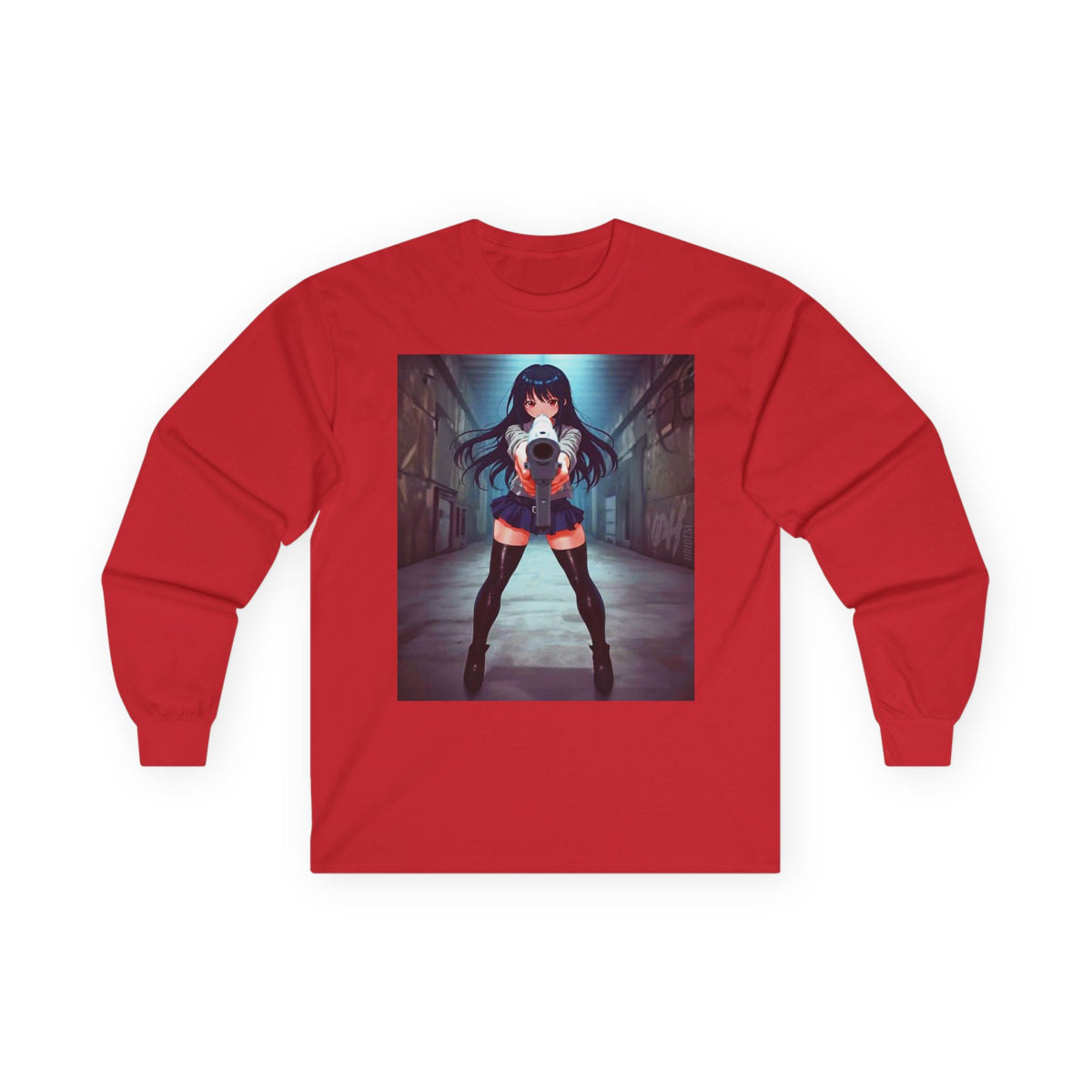 Anime Girl With A Gun Long Sleeve Tee — Dark Alley Cyberpunk Schoolgirl Graphic Shirt