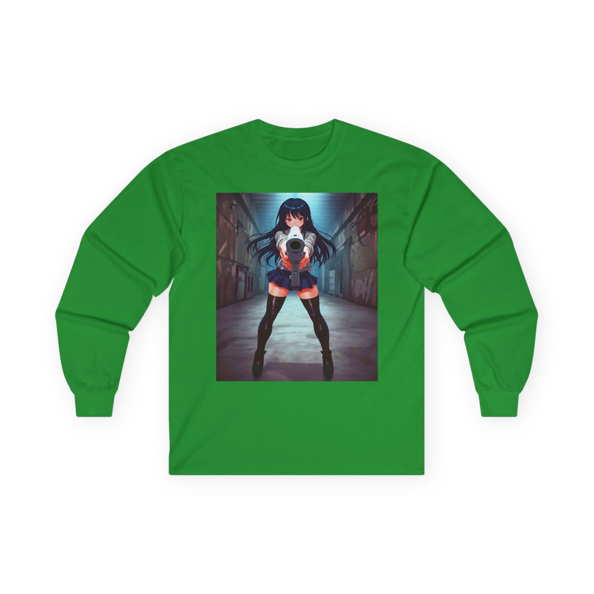 Anime Girl With A Gun Long Sleeve Tee — Dark Alley Cyberpunk Schoolgirl Graphic Shirt