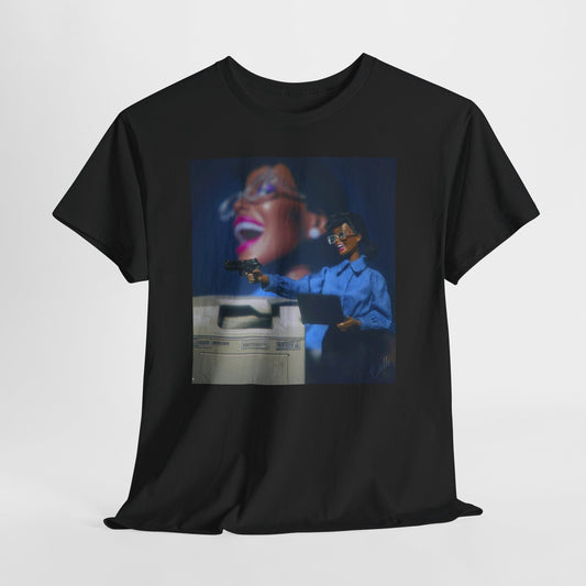 crash out Black barbie t shirt with black woman with a gun at work