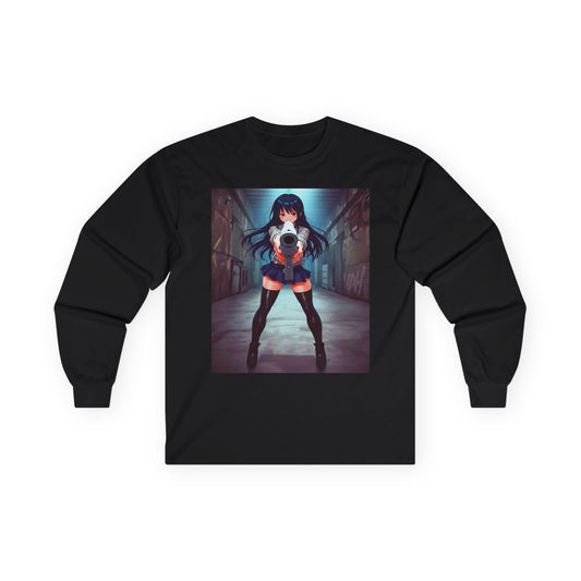 Anime Girl With A Gun Long Sleeve Tee — Dark Alley Cyberpunk Schoolgirl Graphic Shirt