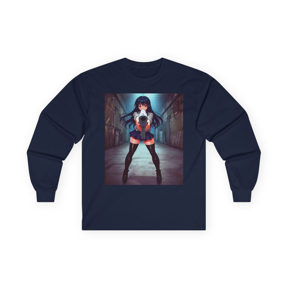 Anime Girl With A Gun Long Sleeve Tee — Dark Alley Cyberpunk Schoolgirl Graphic Shirt
