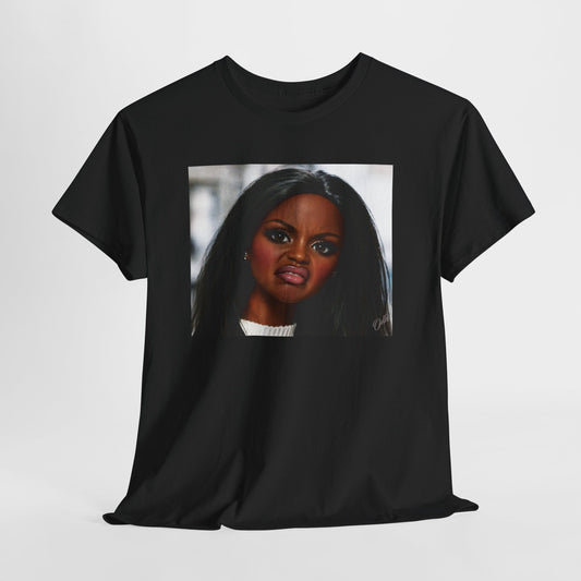 Black t-shirt with a graphic of a Black woman's face Black barbie doll Disgusted facial expression on a white background