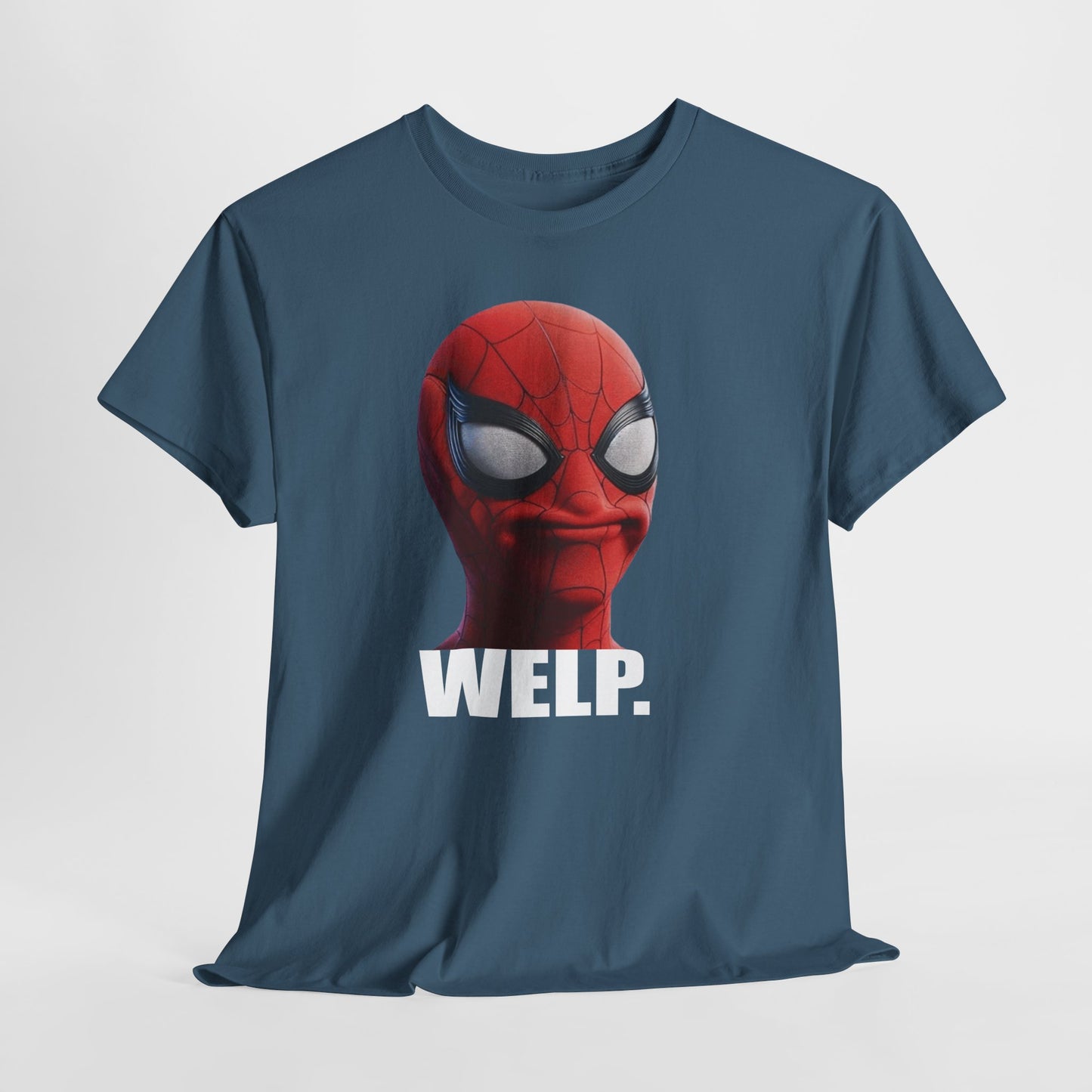 Blue t-shirt with a red superhero mask graphic and 'Welp' text on a light gray background