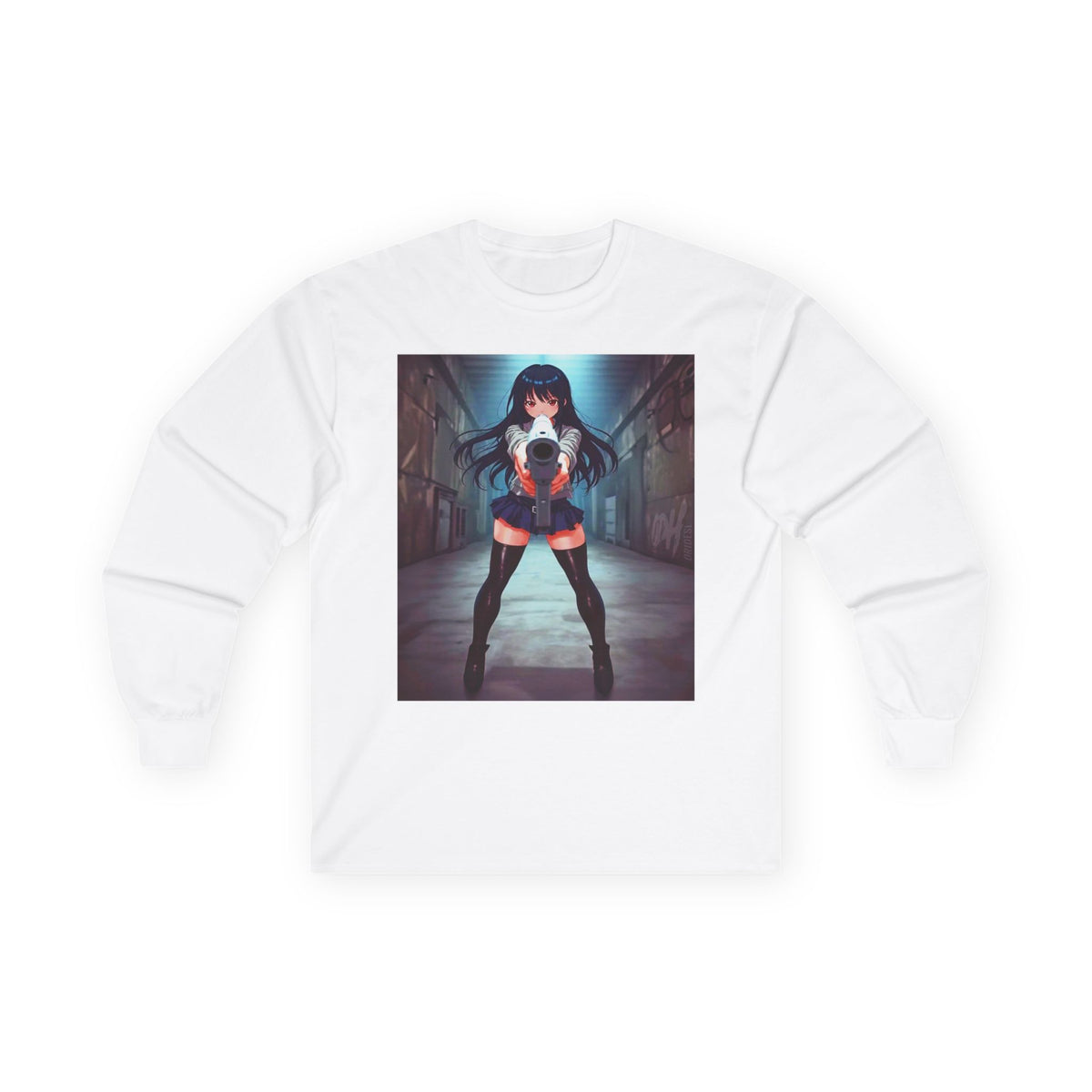 Anime Girl With A Gun Long Sleeve Tee — Dark Alley Cyberpunk Schoolgirl Graphic Shirt