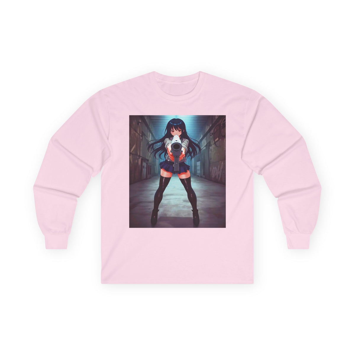 Anime Girl With A Gun Long Sleeve Tee — Dark Alley Cyberpunk Schoolgirl Graphic Shirt