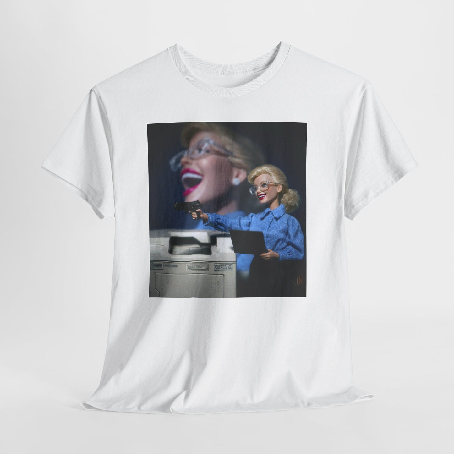 crash out barbie t shirt with white woman with a gun at work