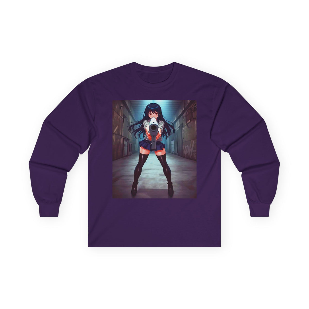 Anime Girl With A Gun Long Sleeve Tee — Dark Alley Cyberpunk Schoolgirl Graphic Shirt
