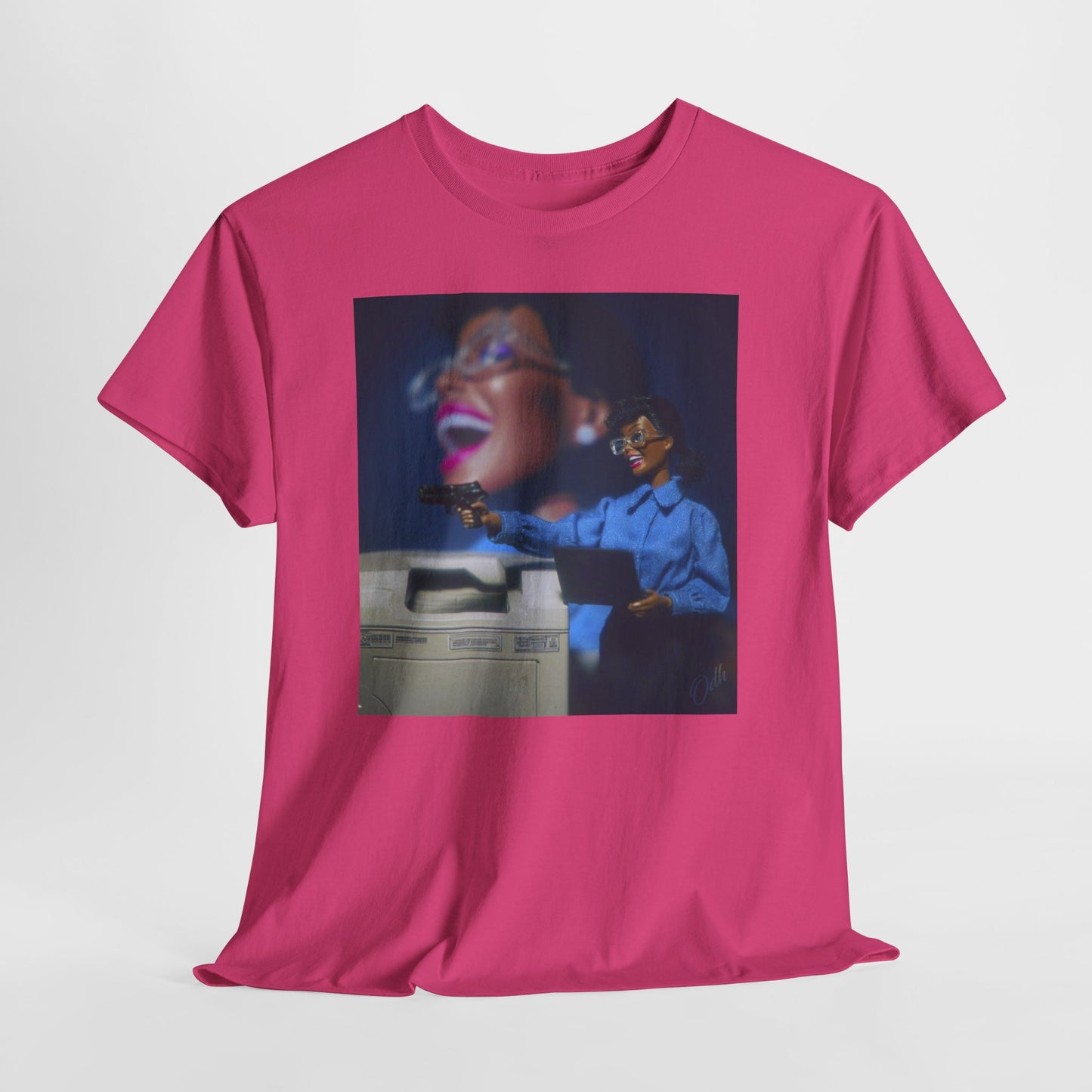 crash out barbie t shirt with black woman with a gun at work