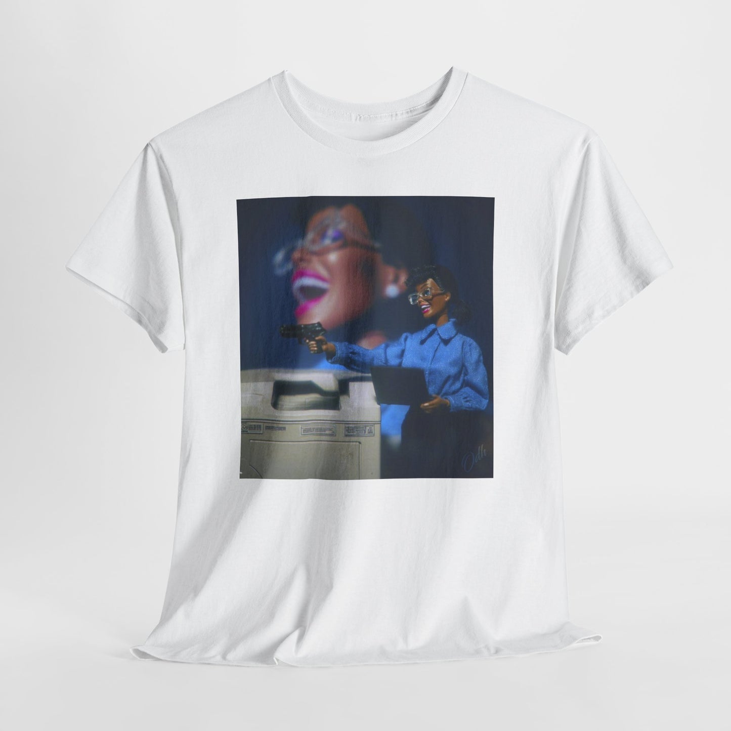 crash out barbie t shirt with black woman with a gun at work