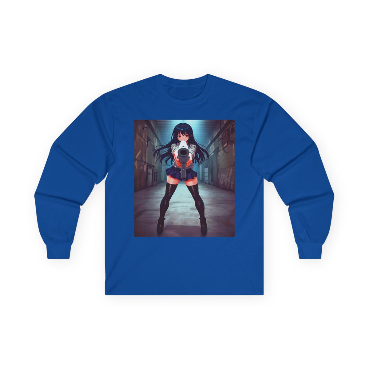 Anime Girl With A Gun Long Sleeve Tee — Dark Alley Cyberpunk Schoolgirl Graphic Shirt
