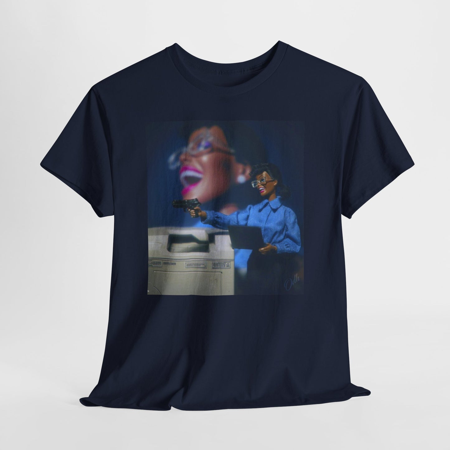 crash out barbie t shirt with black woman with a gun at work