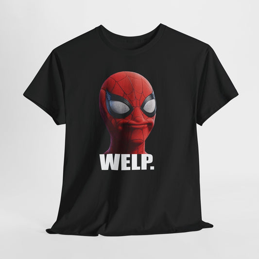 Black t-shirt with a Spider-Man graphic and 'Welp' text on a light gray background
