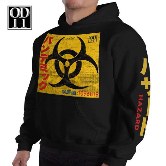 black pandemic hoodie with biohazard symbol and Japanese writing by od hustle