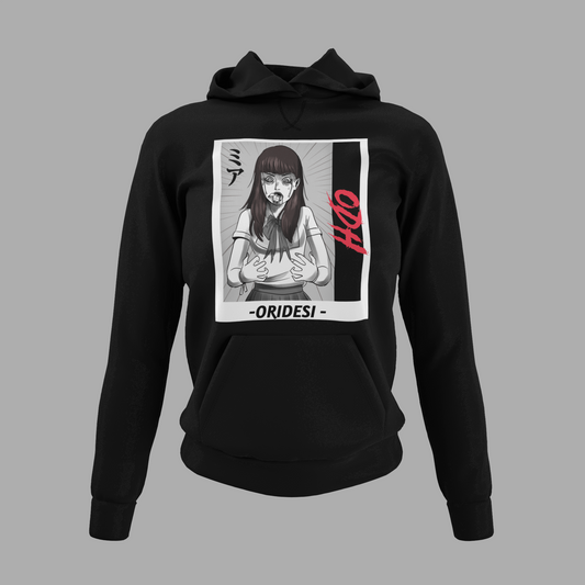 black Horror anime hoddie with female anime character and japanese writing