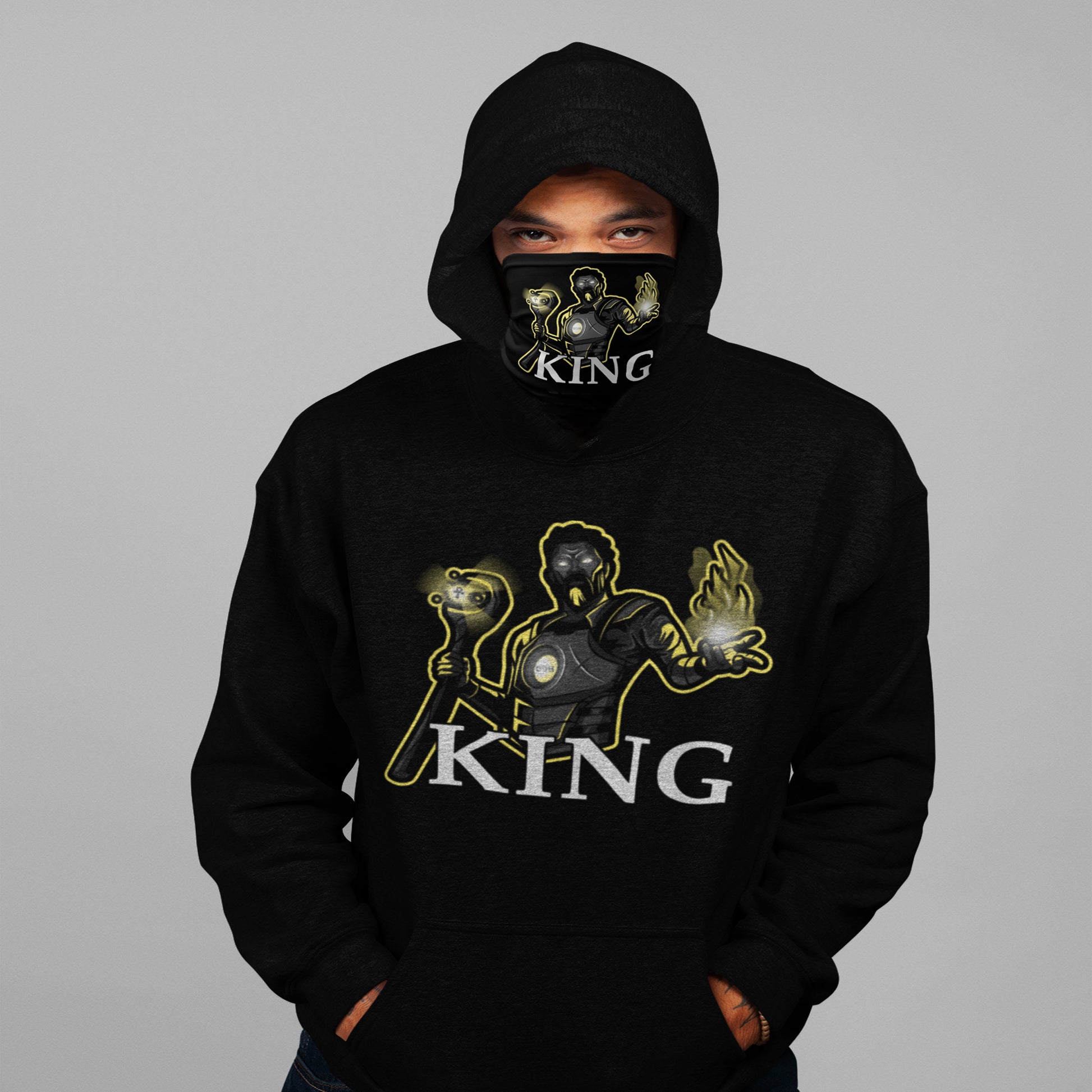 black king hoodie with black anime character with super powers and ankh