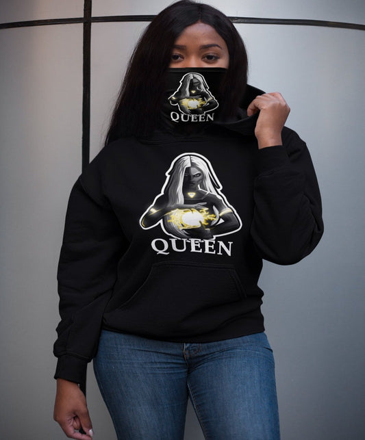 black queen hoodie with black female anime character with super powers